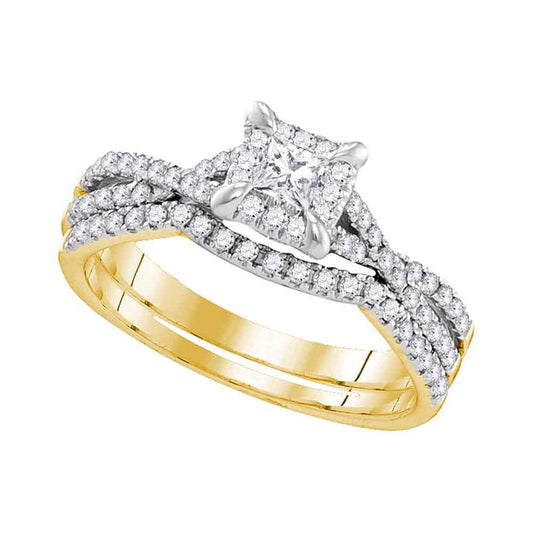 10k Yellow Gold Round Diamond Square Halo Bridal Wedding Ring Set 5/8 Cttw (Certified)