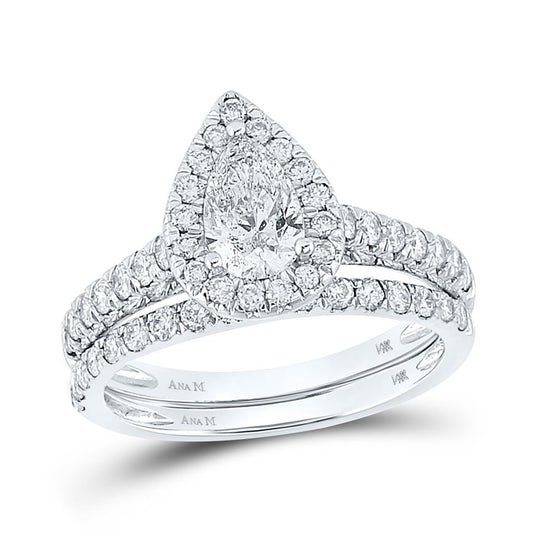 14k White Gold Pear Diamond Bridal Wedding Ring Set 1-1/2 Cttw (Certified)