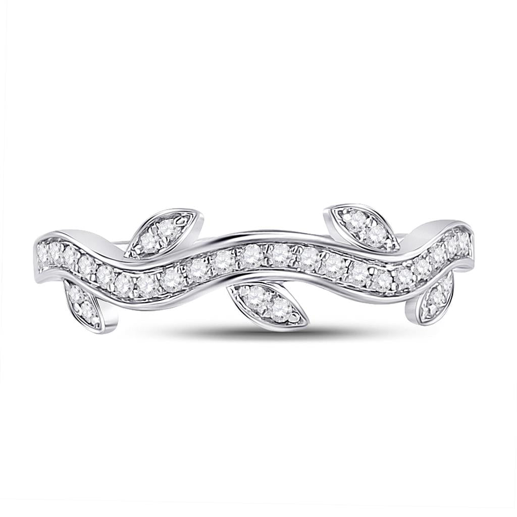 14k White Gold Round Diamond Vine Floral Stackable Band Ring 1/6 Cttw