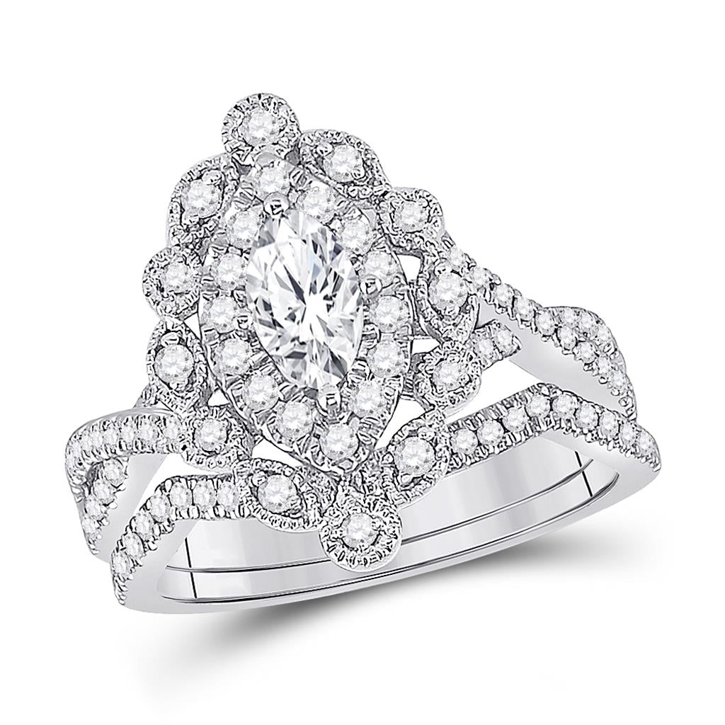 14k White Gold Marquise Diamond Bridal Wedding Ring Set 1 Ctw (Certified)