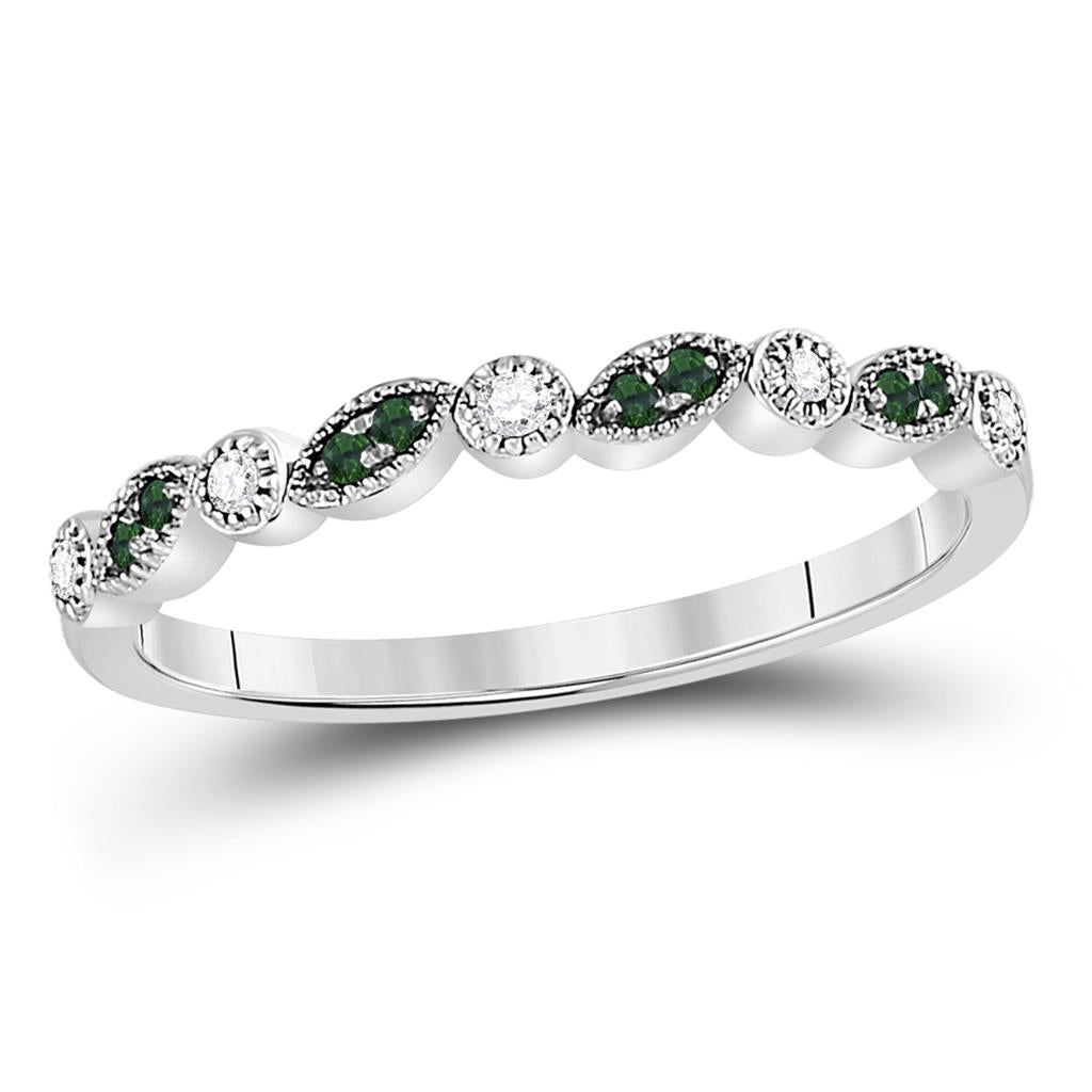 14kt White Gold Round Emerald Diamond Milgrain Stackable Band Ring 1/10 Cttw