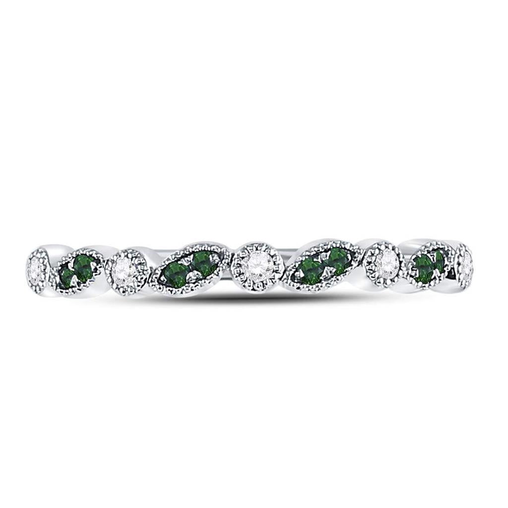 14kt White Gold Round Emerald Diamond Milgrain Stackable Band Ring 1/10 Cttw