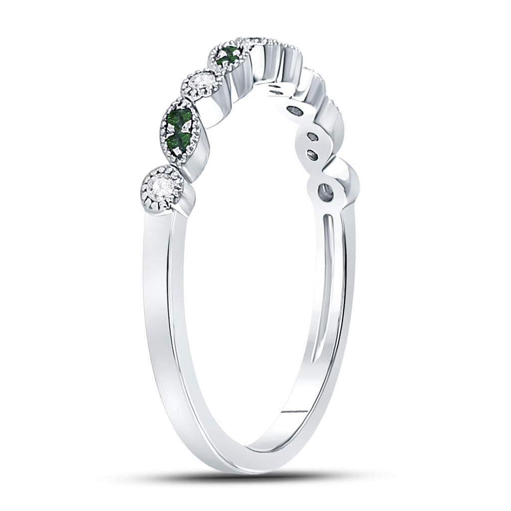 14kt White Gold Round Emerald Diamond Milgrain Stackable Band Ring 1/10 Cttw