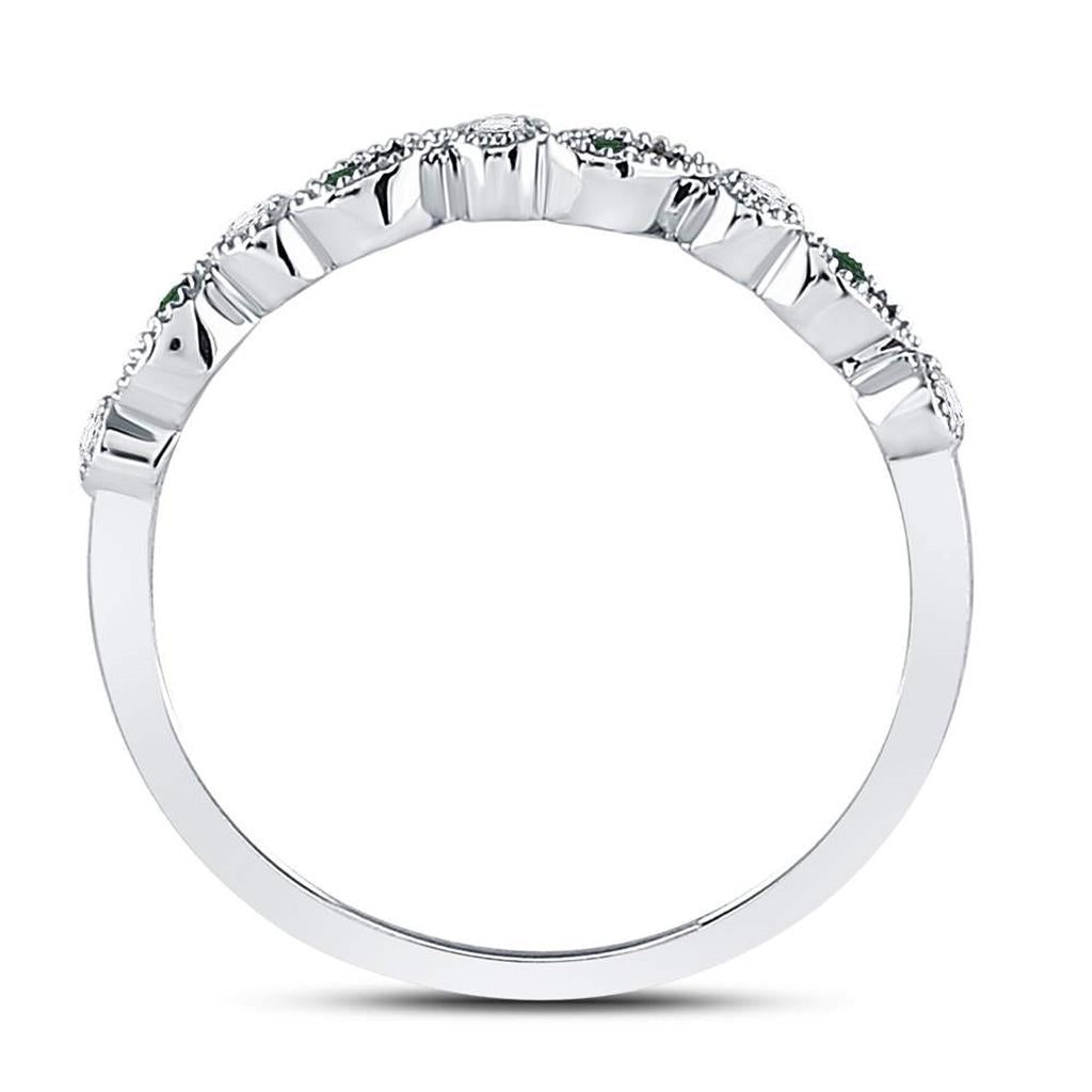 14kt White Gold Round Emerald Diamond Milgrain Stackable Band Ring 1/10 Cttw