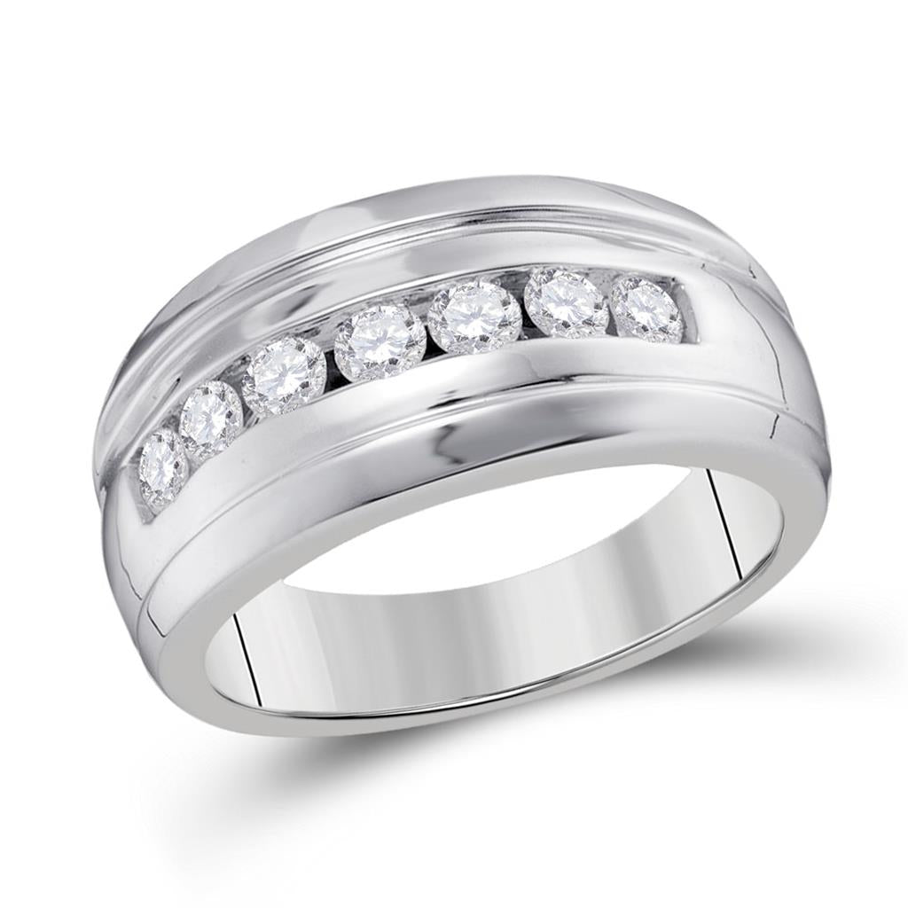 14k White Gold Round Diamond Ridged Wedding Band Ring 3/4 Cttw