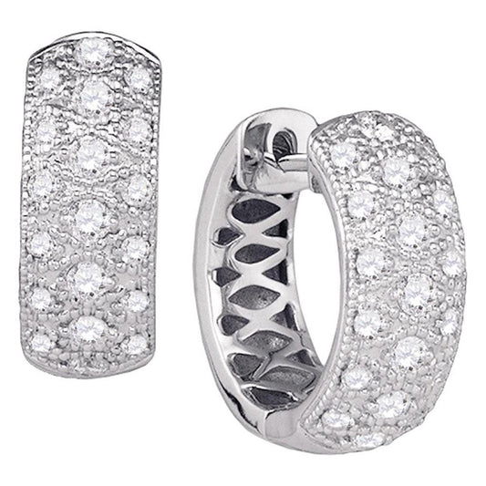 14k White Gold Round Diamond Hoop Huggie Earrings 7/8 Cttw