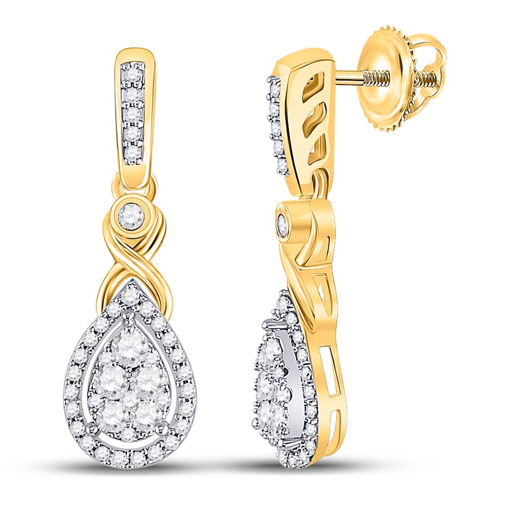 10k Yellow Gold Round Diamond Teardrop Cluster Dangle Earrings 1/2 Cttw