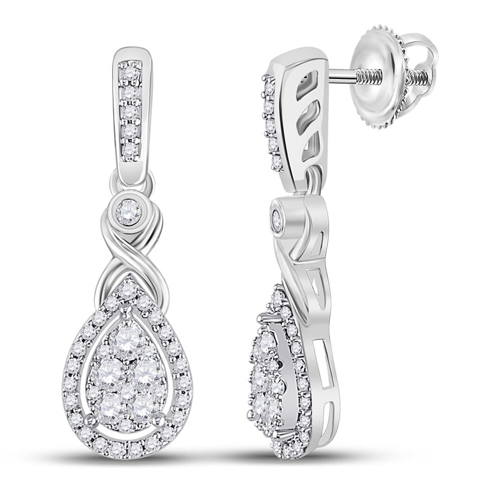 14k White Gold Round Diamond Teardrop Cluster Dangle Earrings 1/2 Cttw