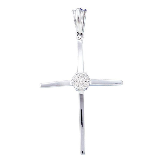 14k White Gold Round Diamond Cluster Cross Religious Pendant 1/10 Cttw