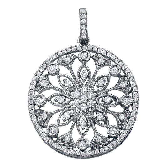 14k White Gold Round Diamond Antique-style Circle Pendant 1/2 Cttw