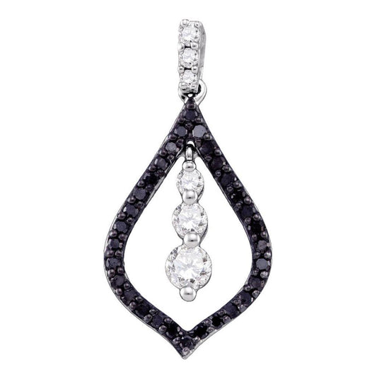 14k White Gold Black Diamond Teardrop-shape Journey Dangle Pendant 1/2 Cttw