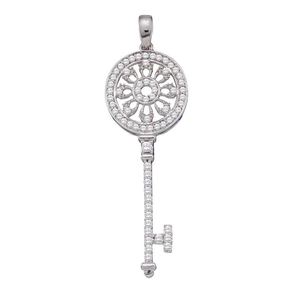 14k White Gold Round Diamond Circle Handle Antique-style Key Pendant 1/2 Cttw