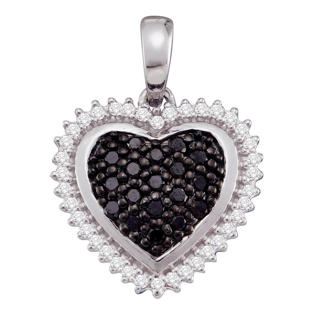 14k White Gold Black Diamond Cluster Heart Pendant 1/3 Cttw