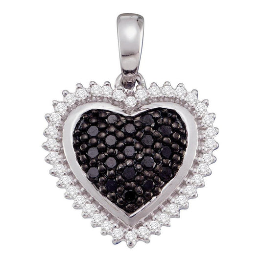 14k White Gold Black Diamond Cluster Heart Pendant 1/3 Cttw