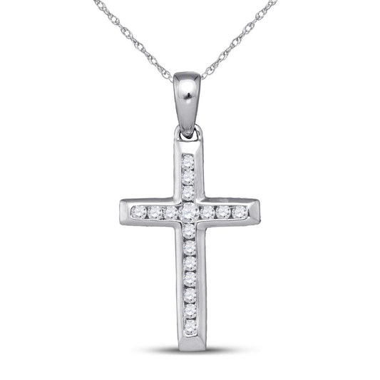 14k White Gold Round Diamond Small Cross Pendant 1/8 Cttw