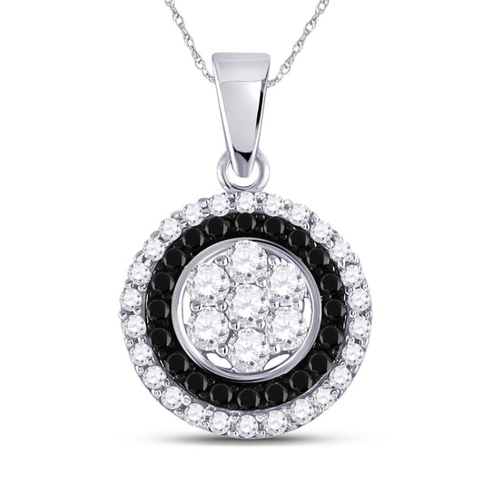 14k White Gold Round Black Diamond Circle Cluster Pendant 1/2 Cttw