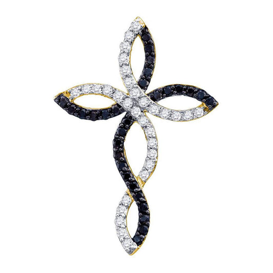 10k Yellow Gold Black Diamond Woven Infinity Cross Pendant 1/3 Cttw