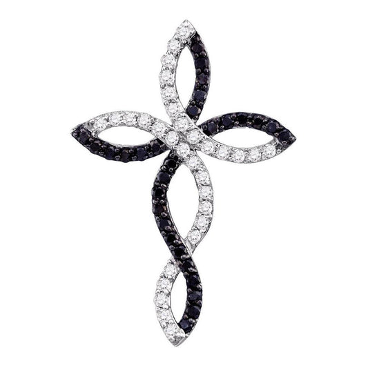 14k White Gold Round Black Diamond Cross Pendant 1/3 Cttw