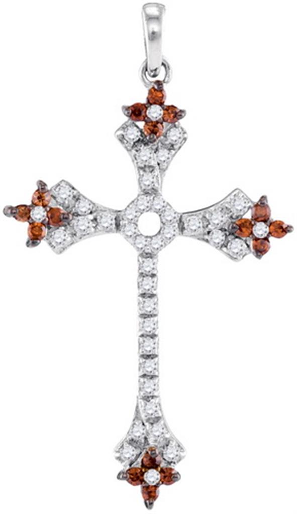 14k White Gold Round Brown Diamond Faith Cross Pendant 1/3 Cttw