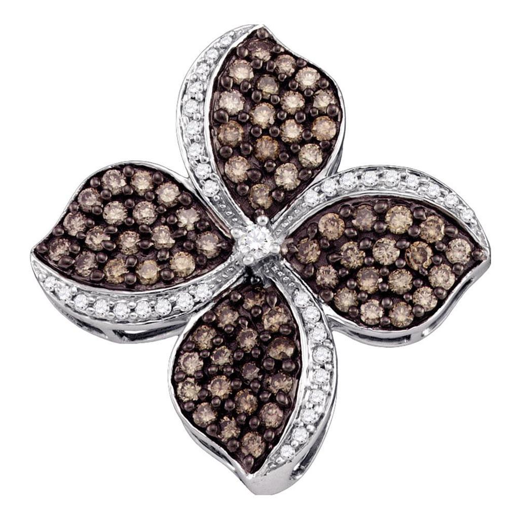 14k White Gold Round Brown Diamond Flower Cluster Pendant 1 Cttw