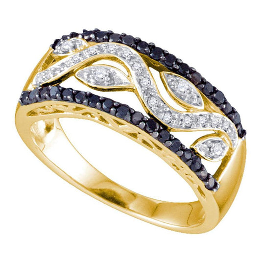 10k Yellow Gold Round Black Diamond Vine Band Ring 3/8 Cttw