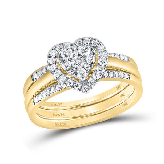 10k Yellow Gold Diamond Heart Bridal Wedding Ring Set 1/2 Cttw