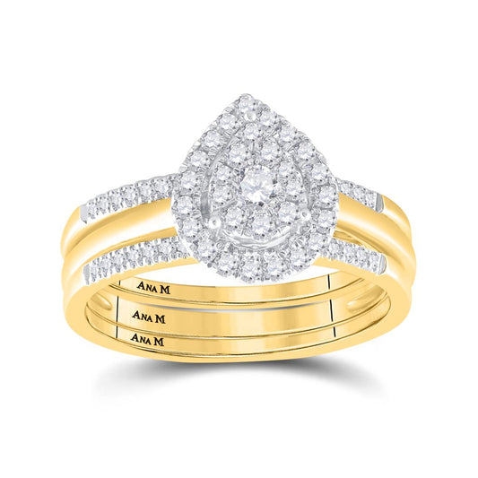 10k Yellow Gold Round Diamond Teardrop Cluster Bridal Wedding Ring Set 1/2 Cttw