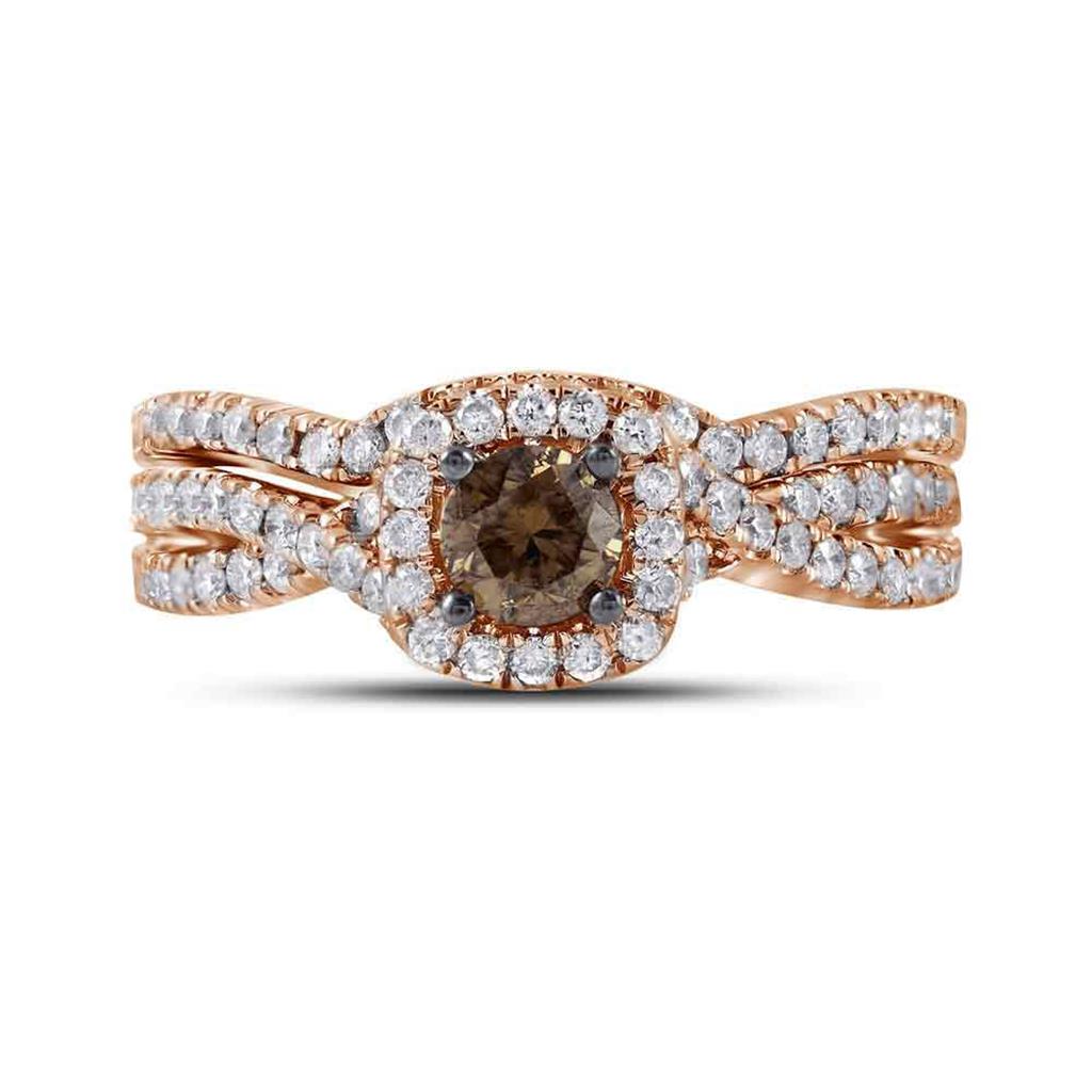 14k Rose Gold Round Brown Diamond Bridal Wedding Ring Set 1Cttw