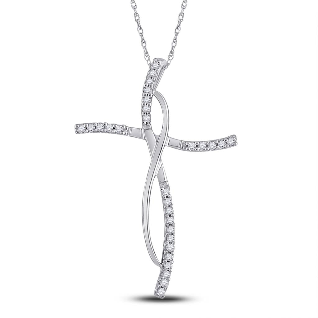 14k White Gold Round Diamond Cross Pendant 1/10 Cttw