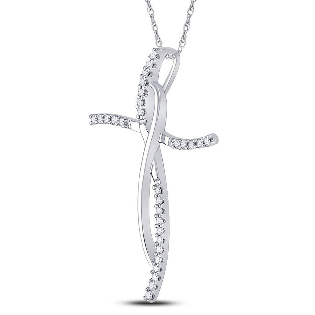 14k White Gold Round Diamond Cross Pendant 1/10 Cttw