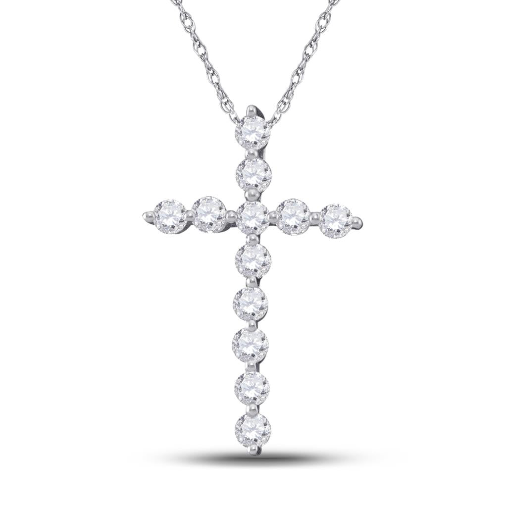 14k White Gold Round Diamond Cross Pendant 1/2 Cttw