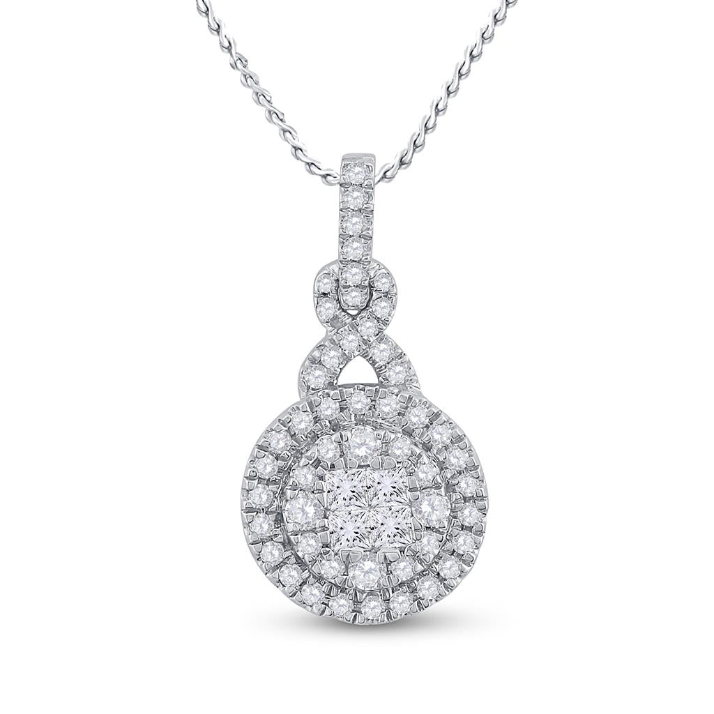 14k White Gold Princess Round Diamond Cluster Pendant 1/2 Cttw