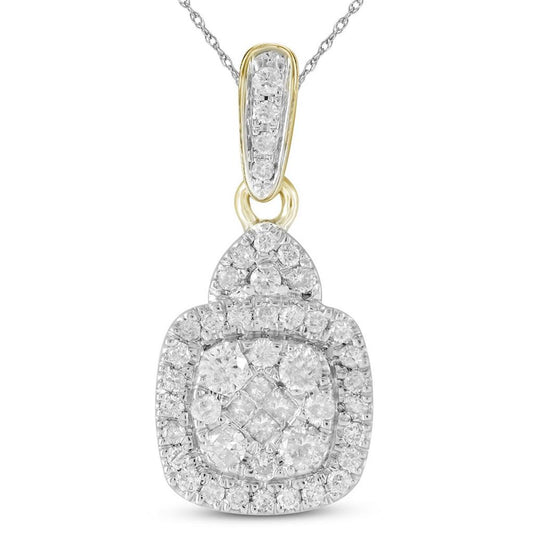 14k Yellow Gold Princess Round Diamond Square Cluster Pendant 3/8 Cttw