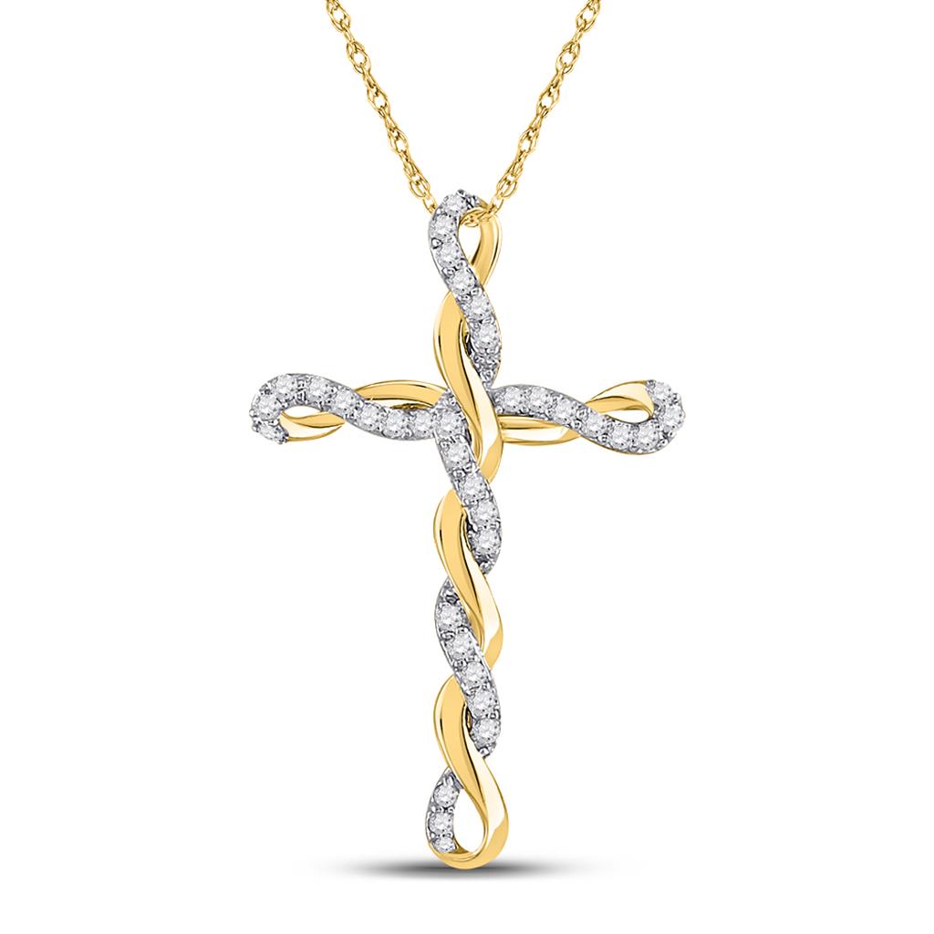 10k Yellow Gold Round Diamond Twisted Cross Pendant 1/4 Cttw