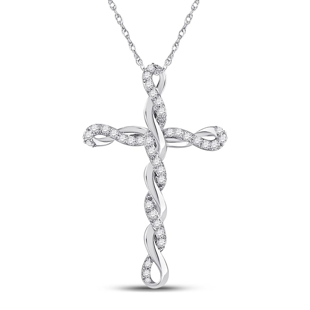 14k White Gold Round Diamond Twist Cross Pendant 1/4 Cttw