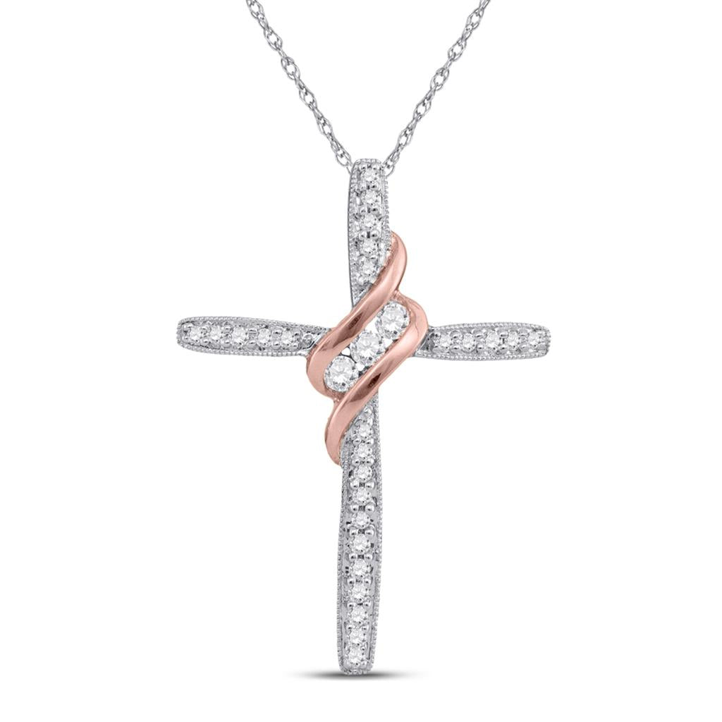 14k White Gold Round 3-Stone Diamond Rose-tone Cross Pendant 1/5 Cttw