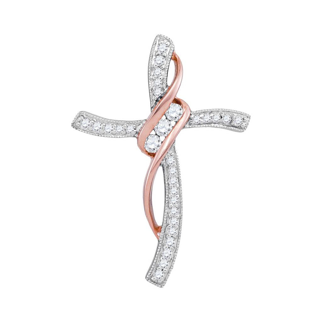 14k White Gold Round Diamond Rose-tone Cross Ribbon Pendant 1/5 Cttw