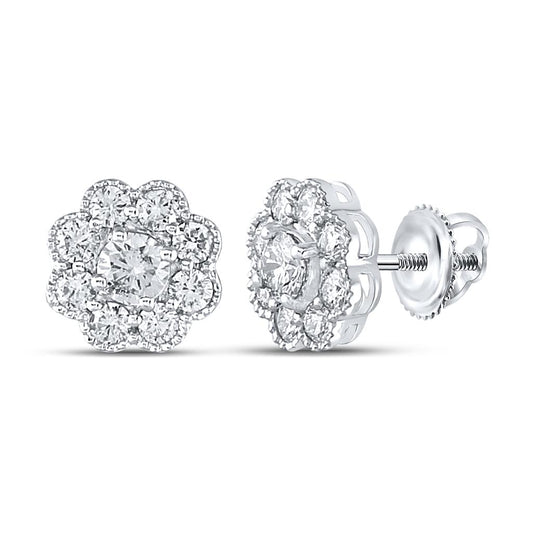 14kt White Gold Round Diamond Flower Cluster Stud Earrings 1 Cttw