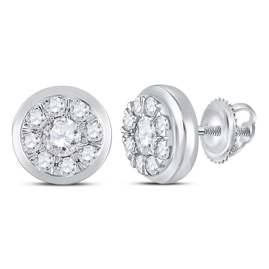 14k White Gold Round Diamond Cluster Stud Earrings 1 Cttw