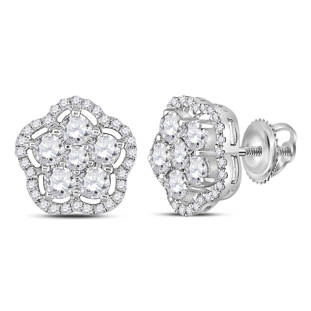 14k White Gold Round Diamond Star Cluster Earrings 1-1/2 Cttw