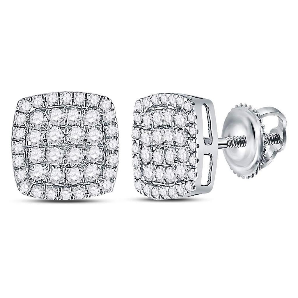 14k White Gold Round Diamond Cluster Cushion Stud Earrings 1/2 Cttw