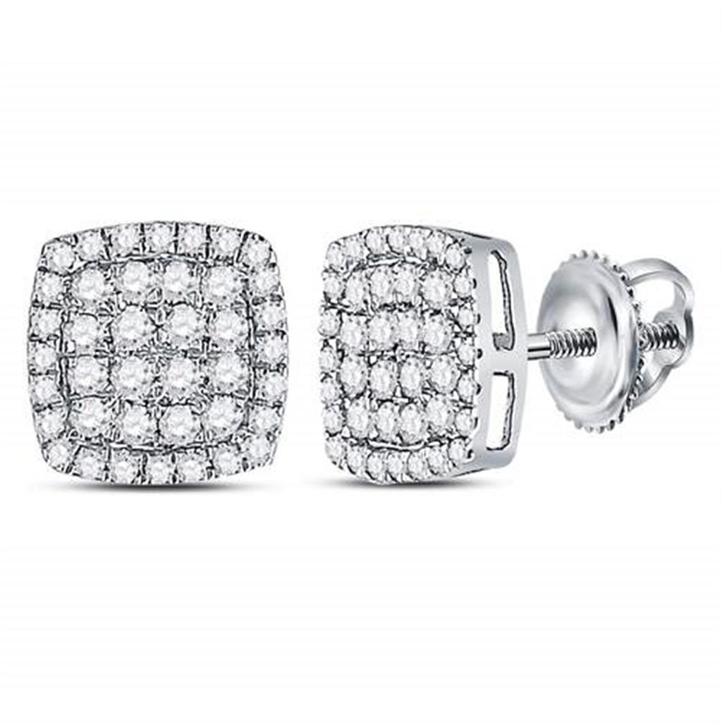 14k White Gold Round Diamond Cluster Cushion Stud Earrings 1/2 Cttw