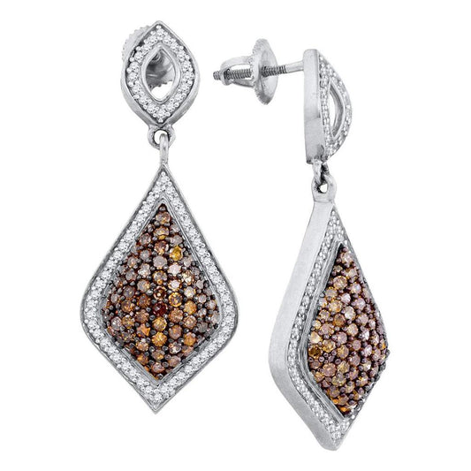 14k White Gold Round Brown Diamond Teardrop Dangle Earrings 2-1/5 Cttw