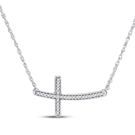 14k White Gold Round Diamond Horizontal Cross Pendant Necklace 1/10 Cttw