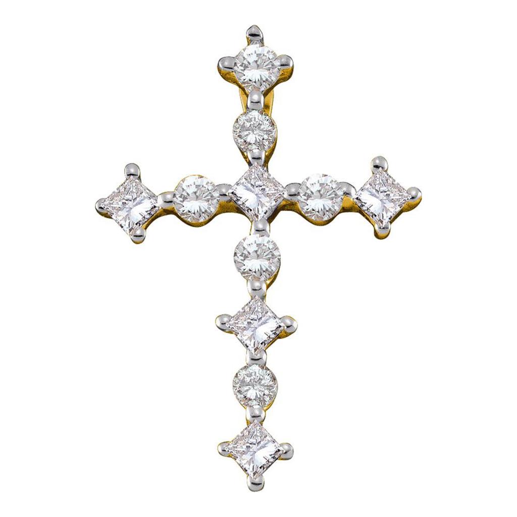 14k Yellow Gold Princess Round Diamond Cross Religious Pendant 1/2 Cttw