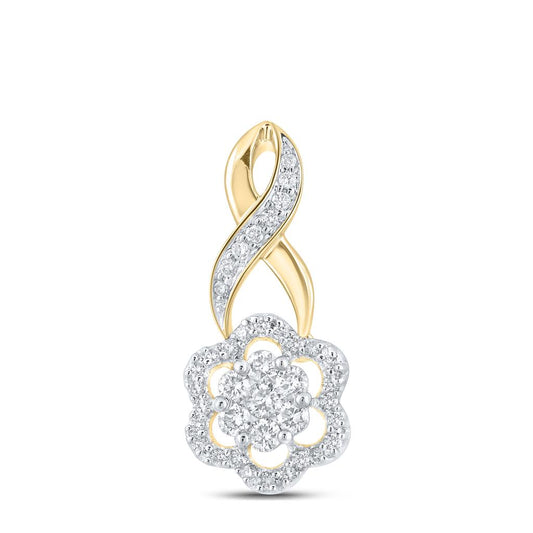 14k Yellow Gold Round Diamond Twist Flower Cluster Pendant 1/2 Cttw