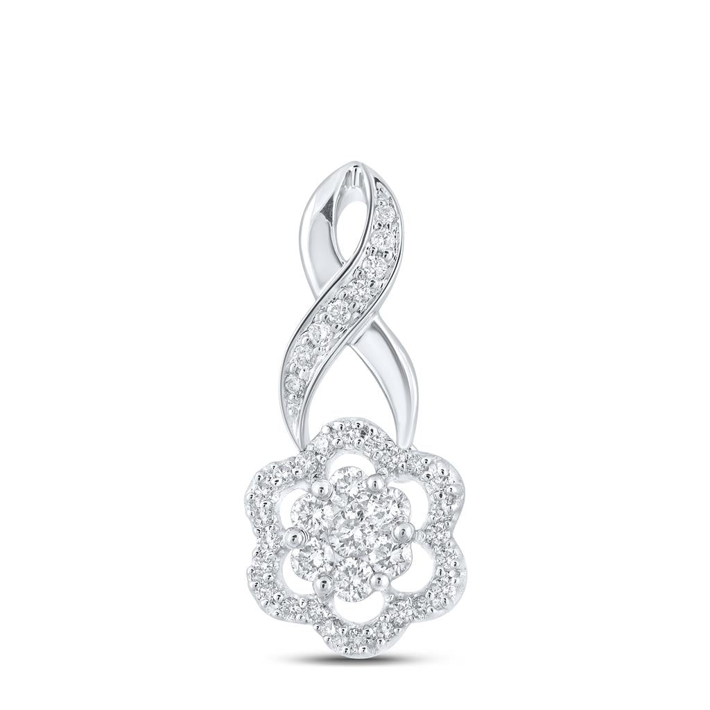 14k White Gold Round Diamond Twist Flower Cluster Pendant 1/2 Cttw