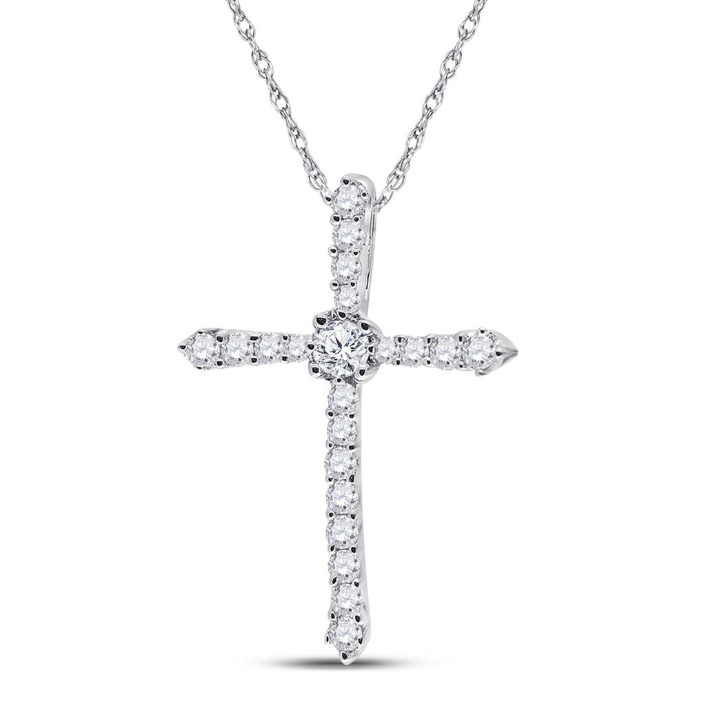 14k White Gold Round Diamond Cross Pendant 1/4 Cttw