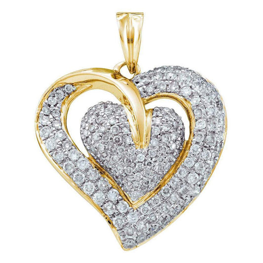 14k Yellow Gold Round Diamond Double Heart Cluster Pendant 1 Cttw