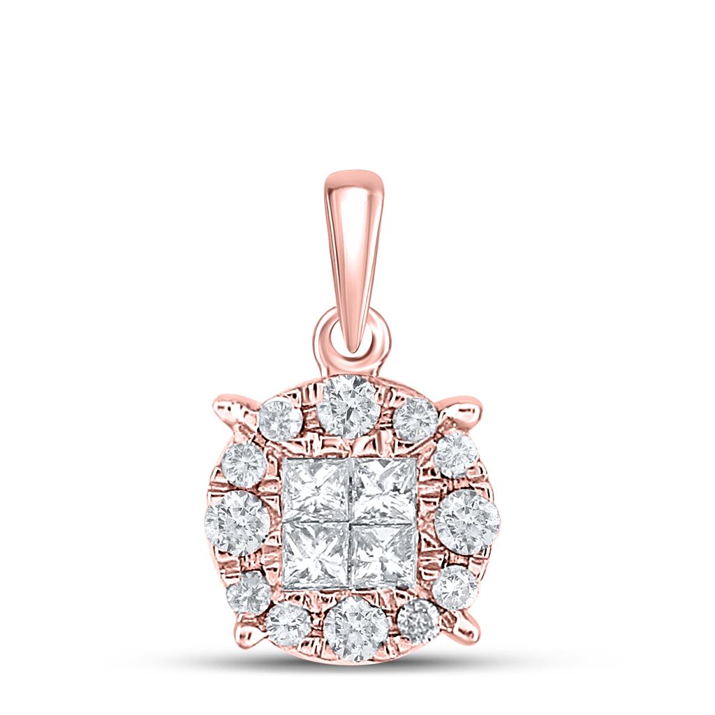 14k Rose Gold Princess Round Diamond Cluster Pendant 1/4 Cttw